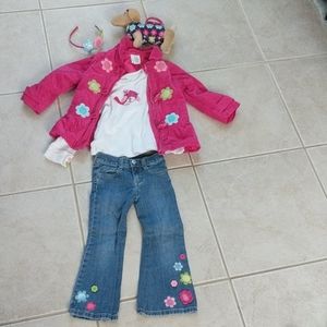 Girls 4t pink coat, jeans, shirt, purse, headband